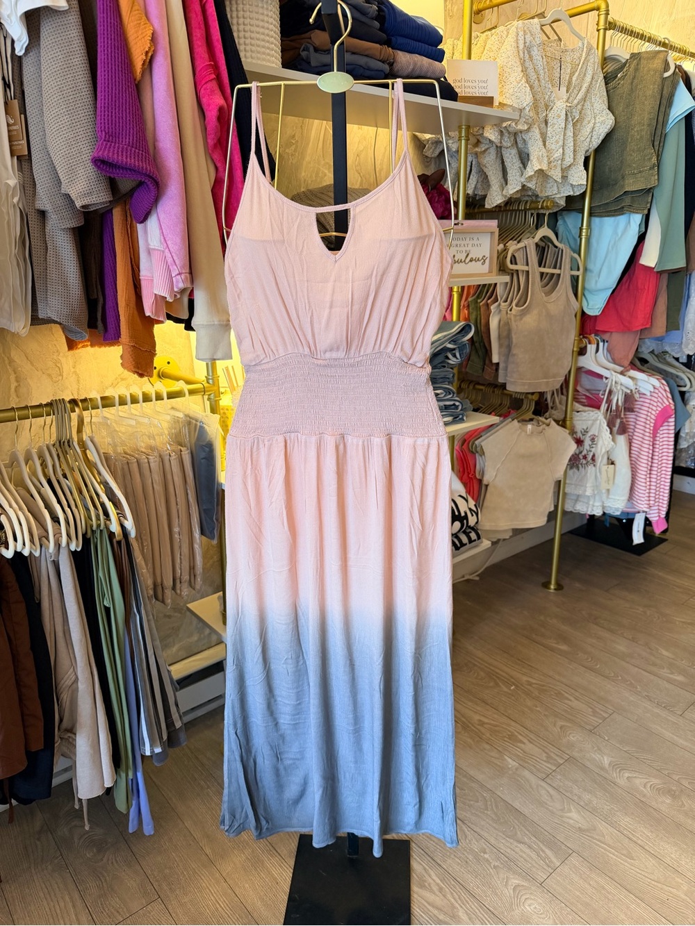 Sleeveless Ombre Smocked-Waist Maxi Dress - Light Pink to Blue